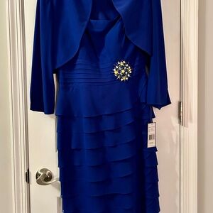 Jessica Howard Cobalt Blue Tiered Long-Sleeve Dress with Jeweled Brooch
